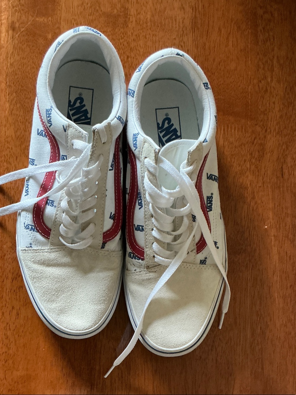 Vans White Canvas Sneakers with Red Side Stripe and Blue Logo